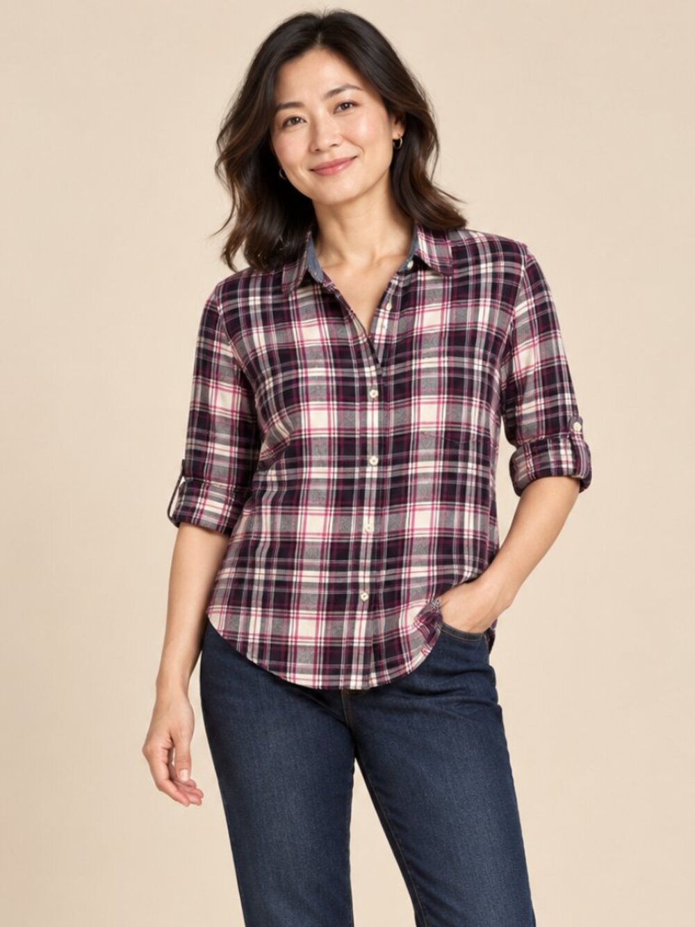 Tommy Hilfiger Purple Pink Plaid Roll-Tab Button-Down Cotton Shirt Medium